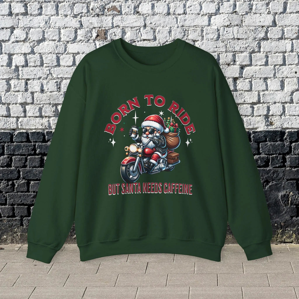 Born to Ride Sweatshirt - Santa on motorcycle holding coffee Christmas Shirt - Boldly Bitter Company