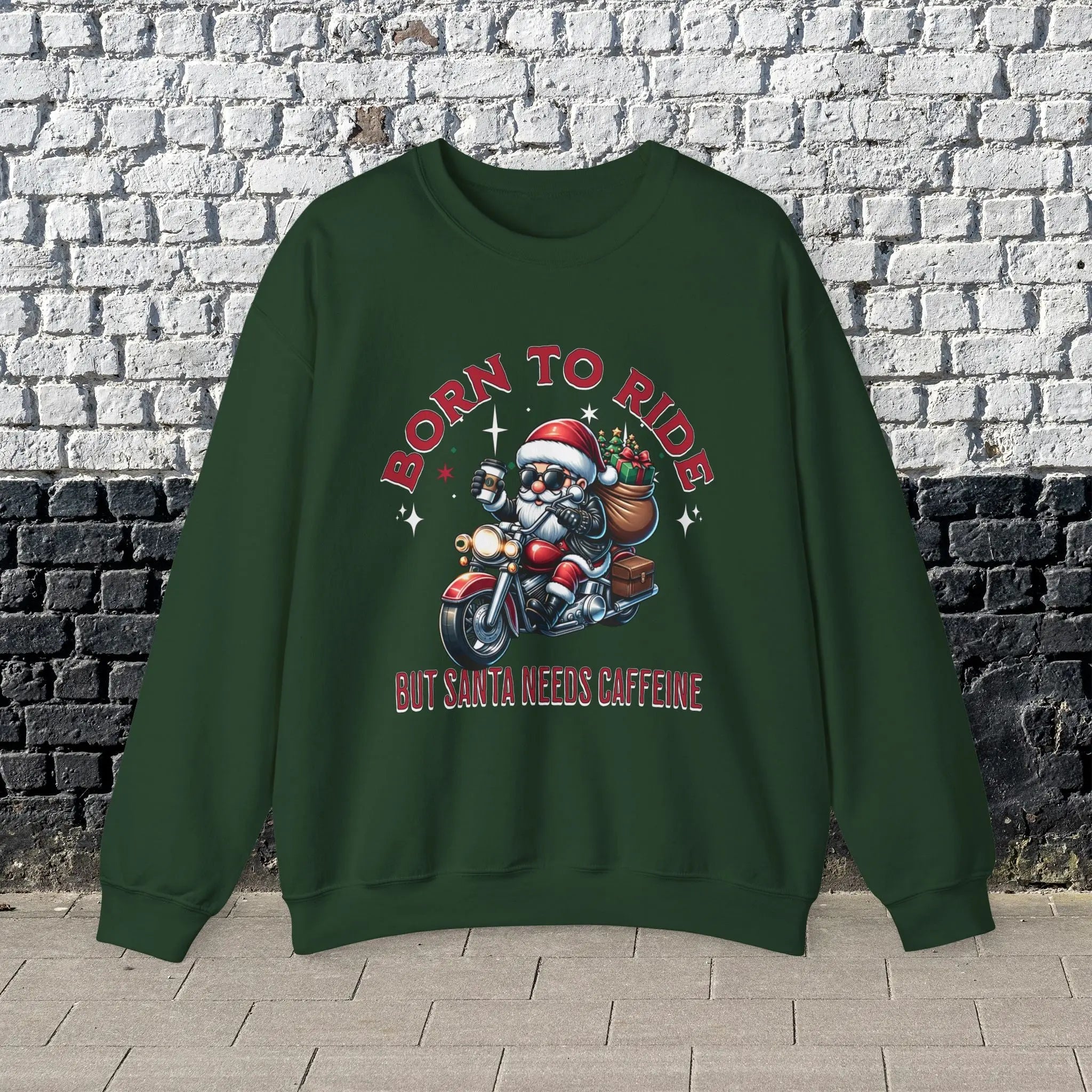 Born to Ride Sweatshirt - Santa on motorcycle holding coffee Christmas Shirt - Boldly Bitter Company