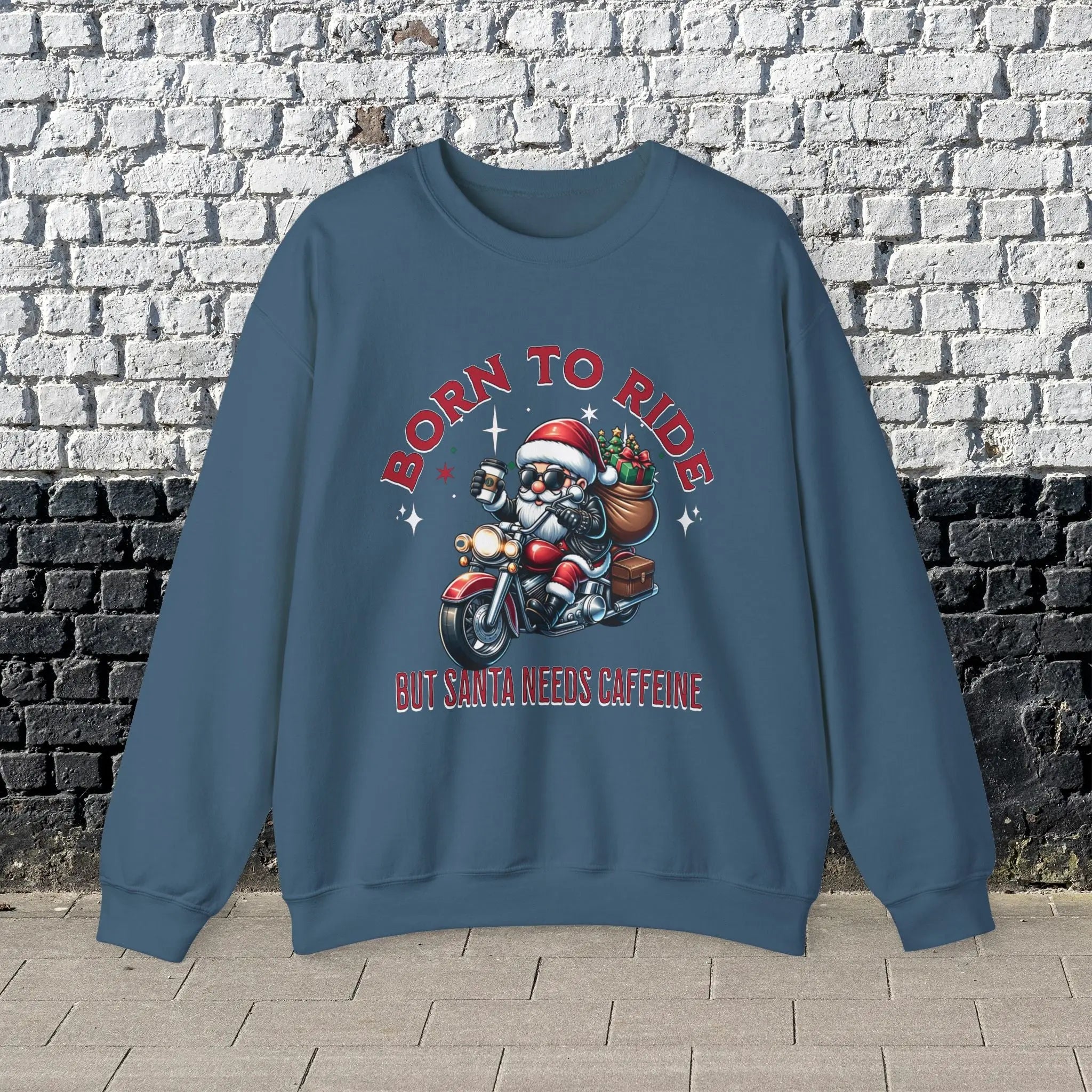 Born to Ride Sweatshirt - Santa on motorcycle holding coffee Christmas Shirt - Boldly Bitter Company