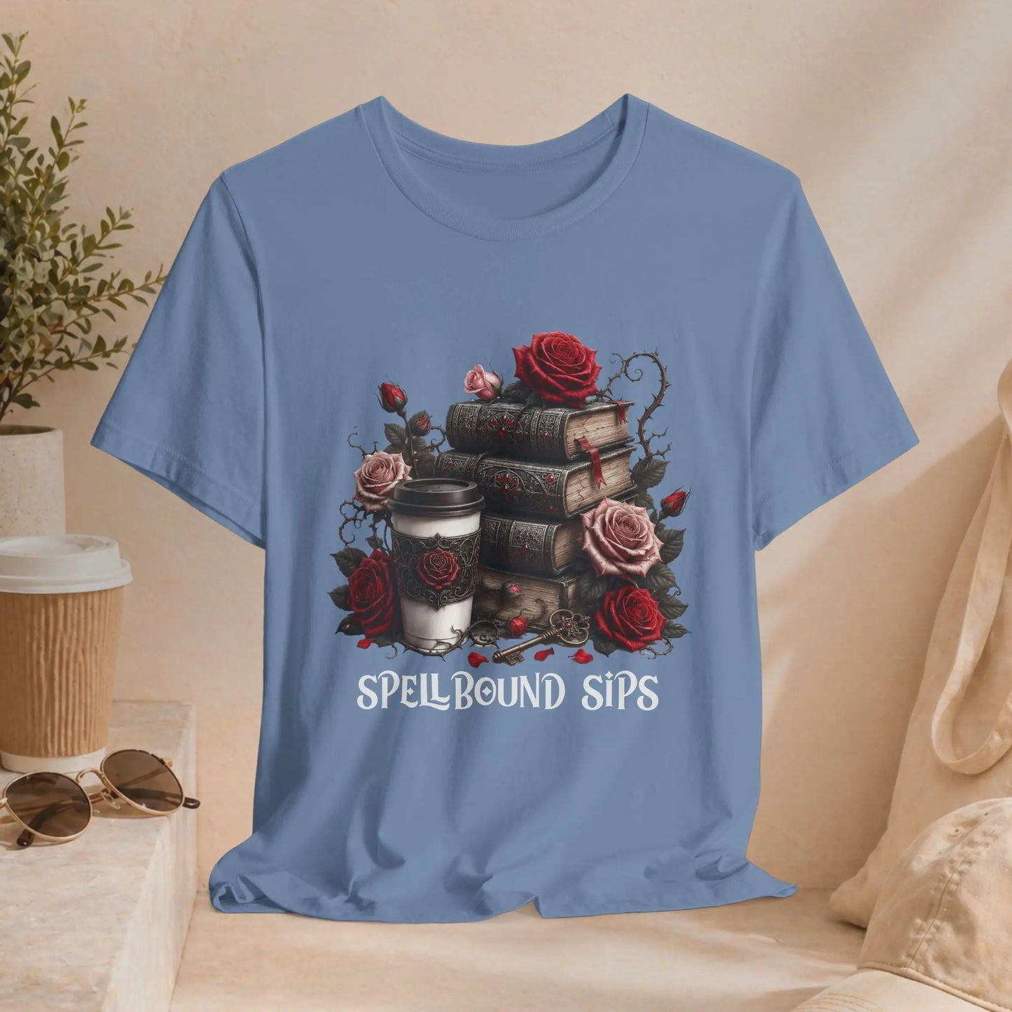 Spellbound Sips Tee - Gothic Book & Coffee Shirt Printify