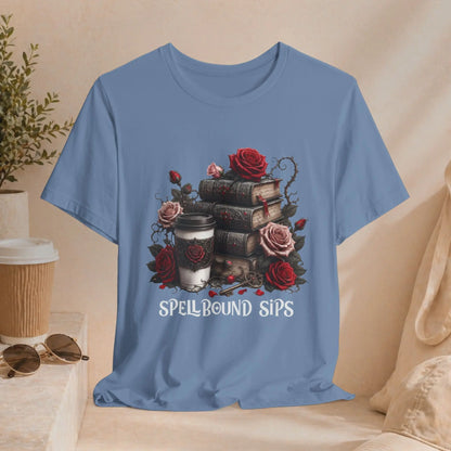 Spellbound Sips Tee - Gothic Book & Coffee Shirt Printify