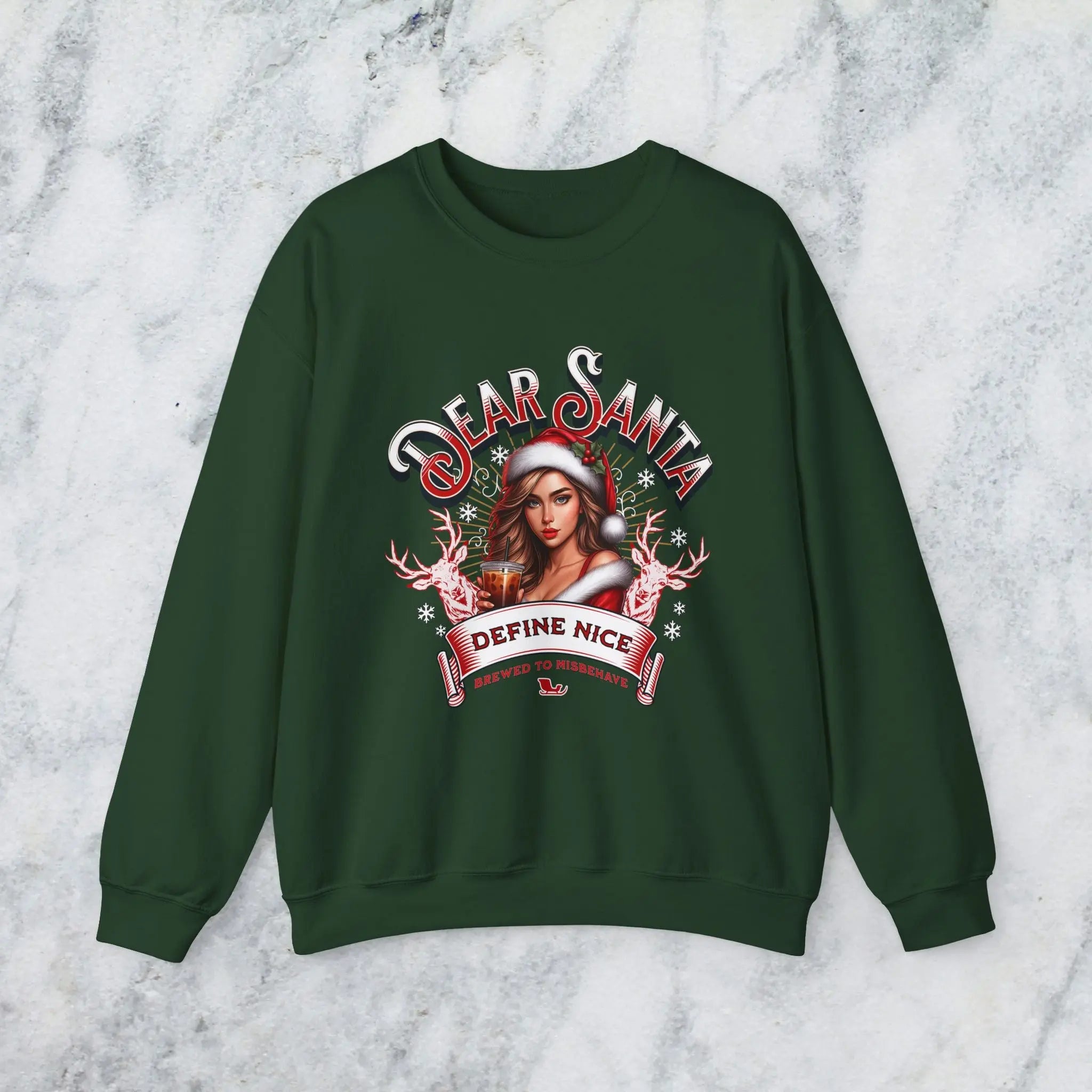 Holiday Sweatshirt — “Dear Santa, Define Nice” Iced Coffee Funny Christmas Crewneck Printify