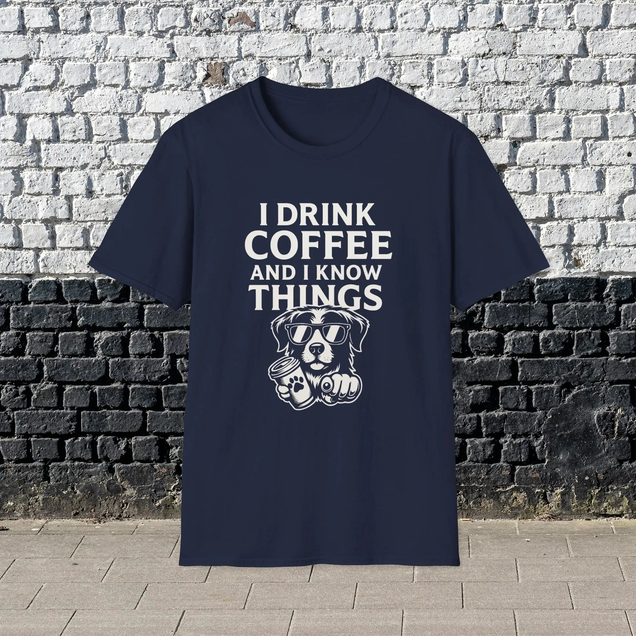 Coffee-Loving Dog T-Shirt — "I Drink Coffee and I Know Things" Printify