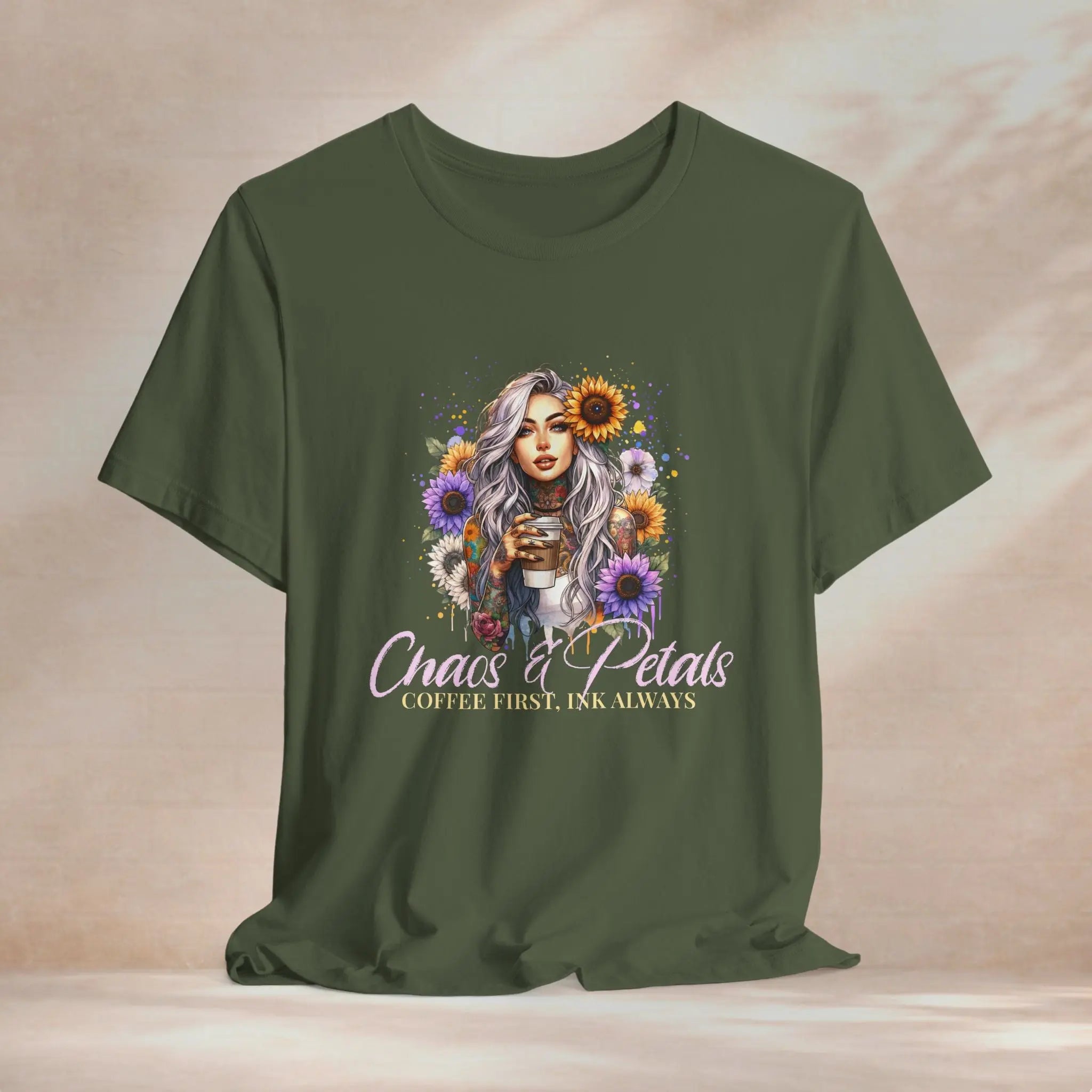 Chaos & Petals T-Shirt — 'Coffee First, Ink Always' Floral Coffee Tee - Boldly Bitter Company