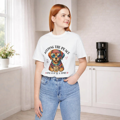 Keeping the Peace Puppy T‑Shirt — "One Cup at a Time" Coffee & Peace Dog Tee Printify