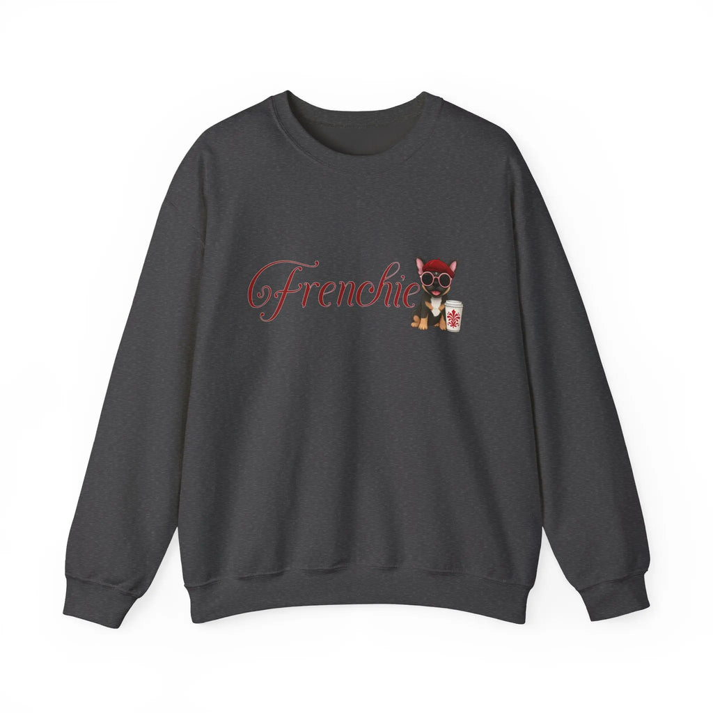 Frenchie Coffee Crewneck — Cute French Bulldog in Beret & Sunglasses Printify