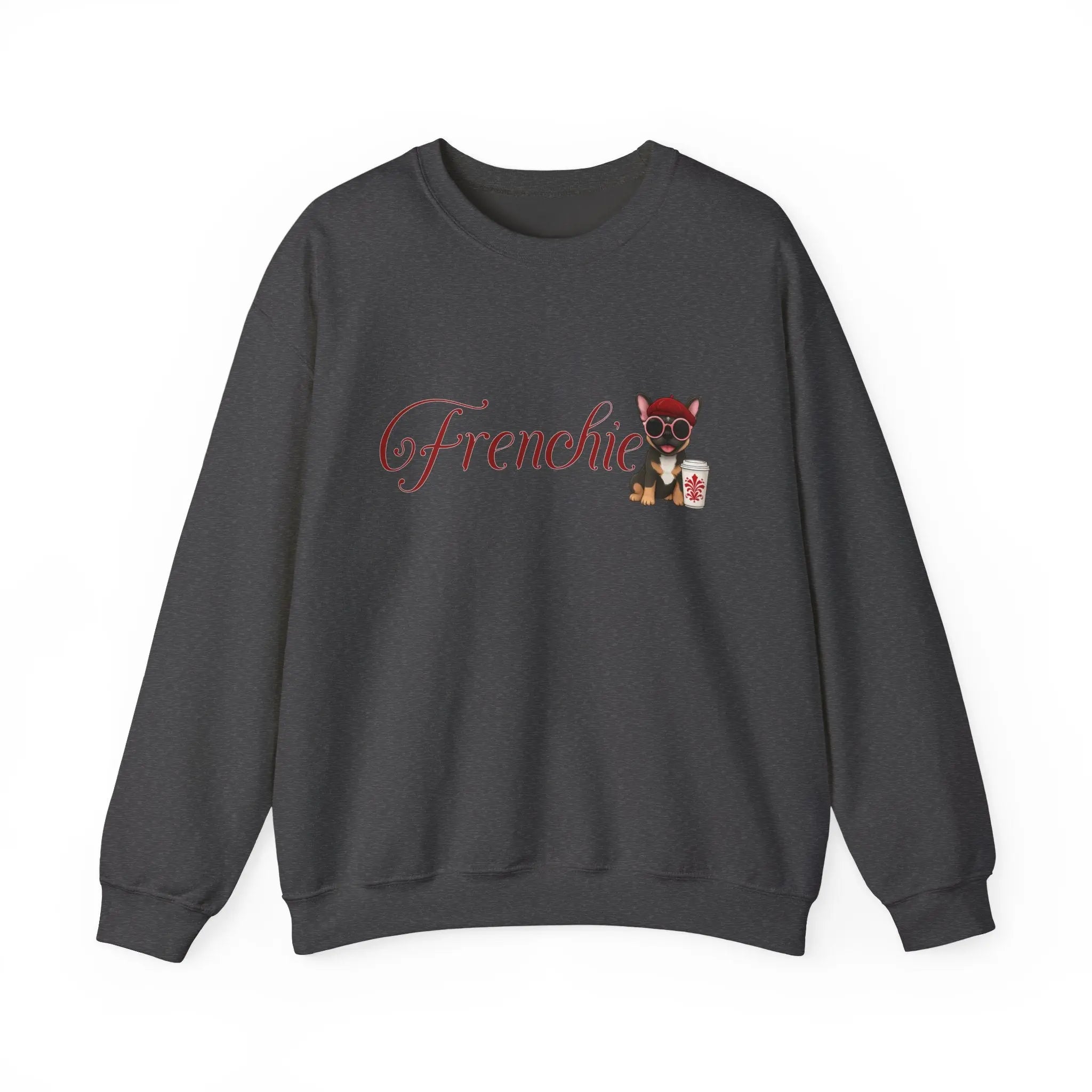 Frenchie Coffee Crewneck — Cute French Bulldog in Beret & Sunglasses Printify