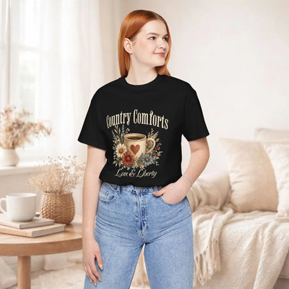 Country Comforts Tee – Love & Liberty Coffee Floral Graphic Shirt Printify