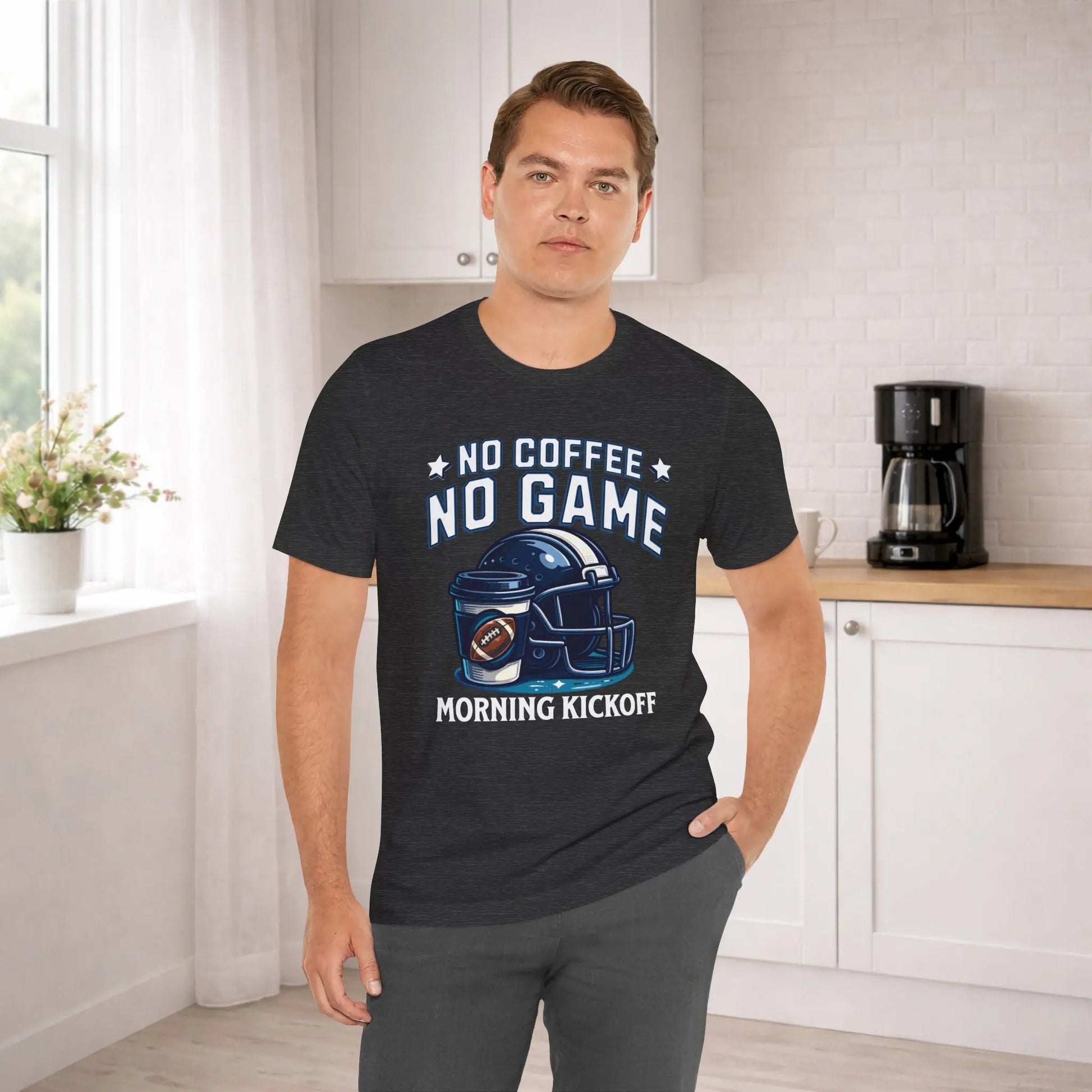 No Coffee No Game Football Tee — "Morning Kickoff" Helmet Graphic Shirt Printify