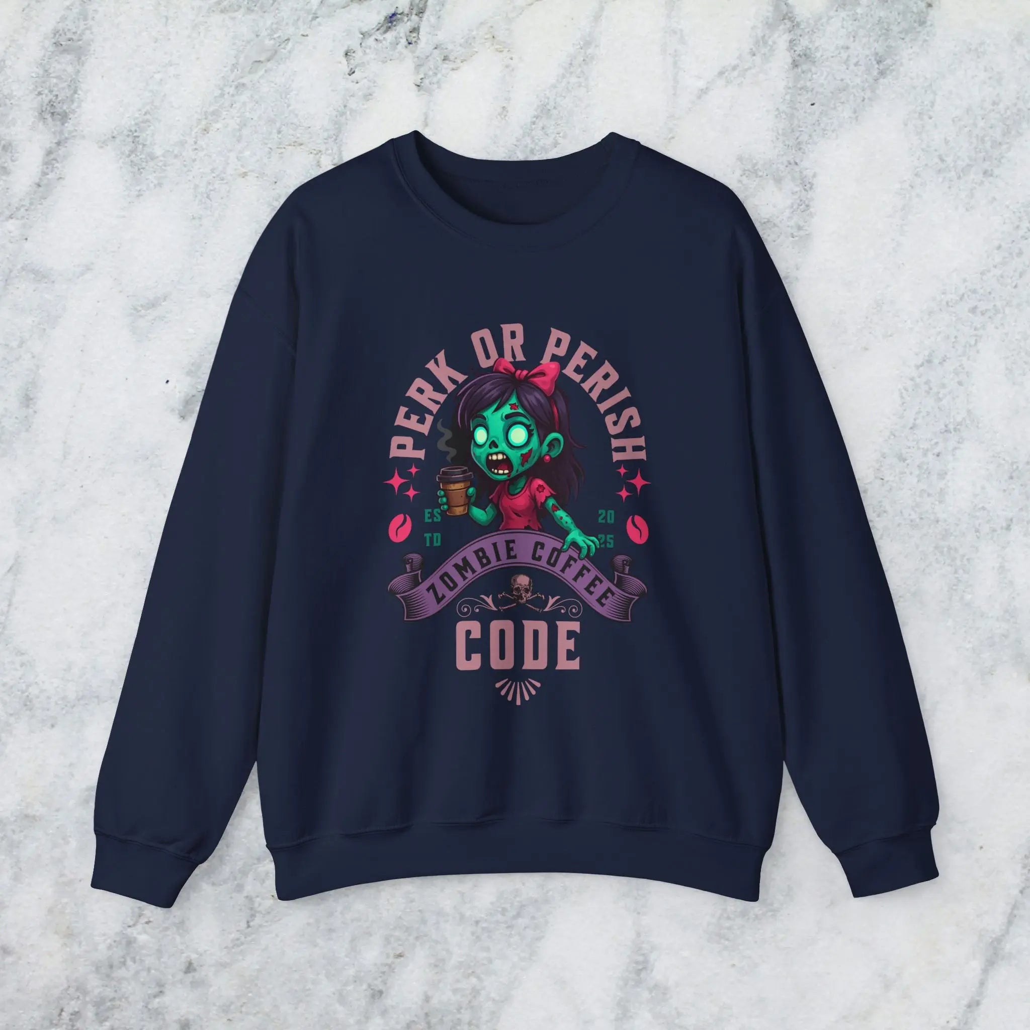 Perk or Perish Zombie Sweatshirt - Cute zombie coffee graphic tee - Boldly Bitter Company