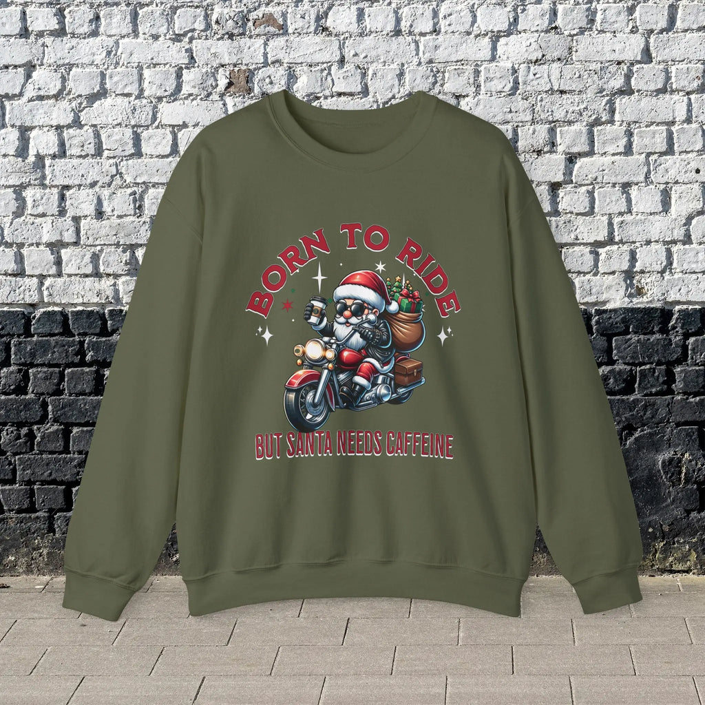 Born to Ride Sweatshirt - Santa on motorcycle holding coffee Christmas Shirt - Boldly Bitter Company