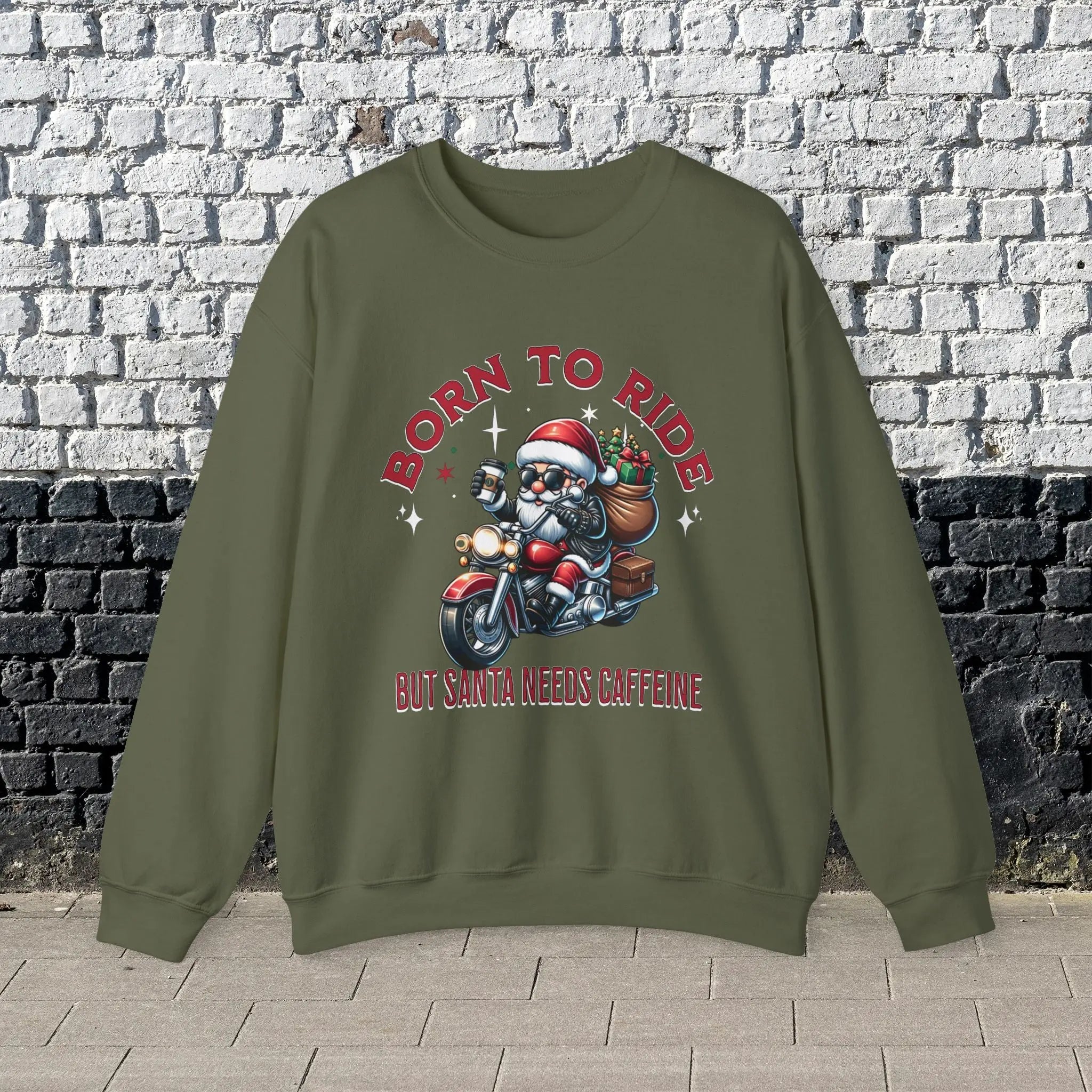 Born to Ride Sweatshirt - Santa on motorcycle holding coffee Christmas Shirt - Boldly Bitter Company