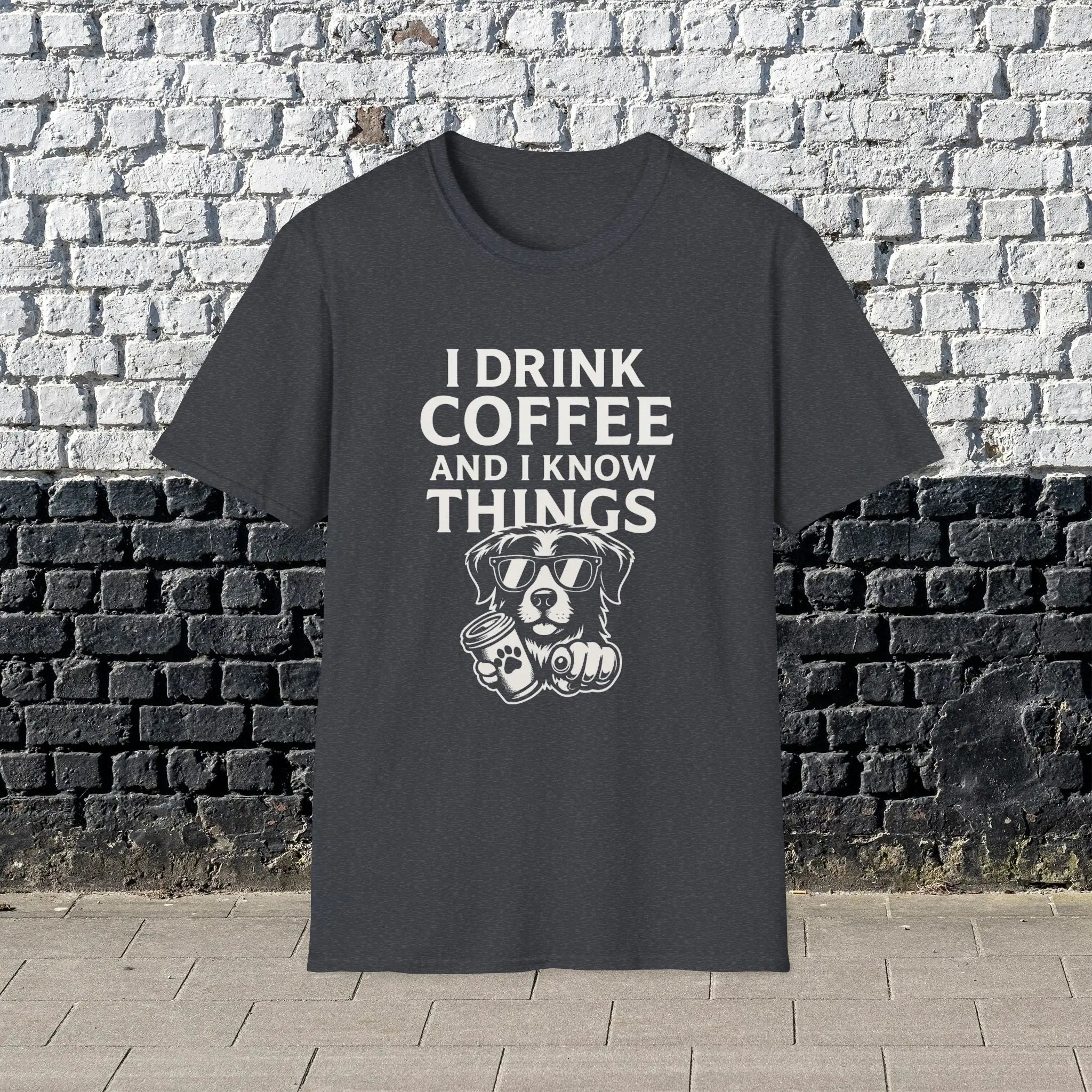 Coffee-Loving Dog T-Shirt — "I Drink Coffee and I Know Things" Printify
