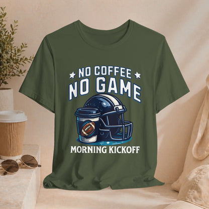 No Coffee No Game Football Tee — "Morning Kickoff" Helmet Graphic Shirt Printify