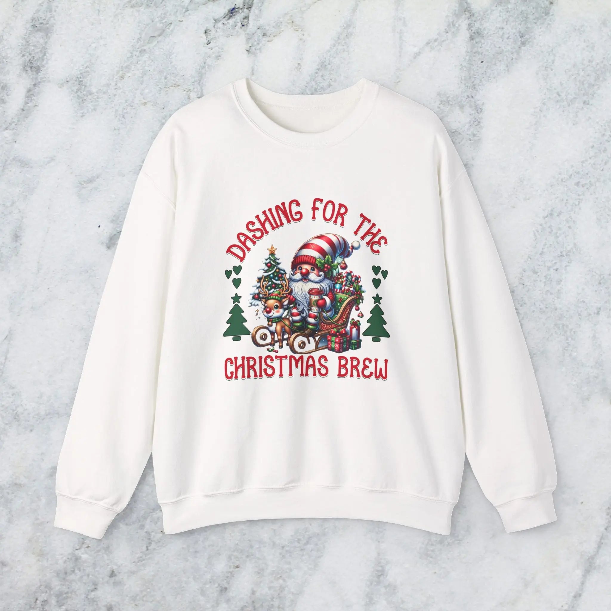 Dashing for the Brew Sweatshirt - Cute Christmas Santa in sleigh with toys and coffee Printify
