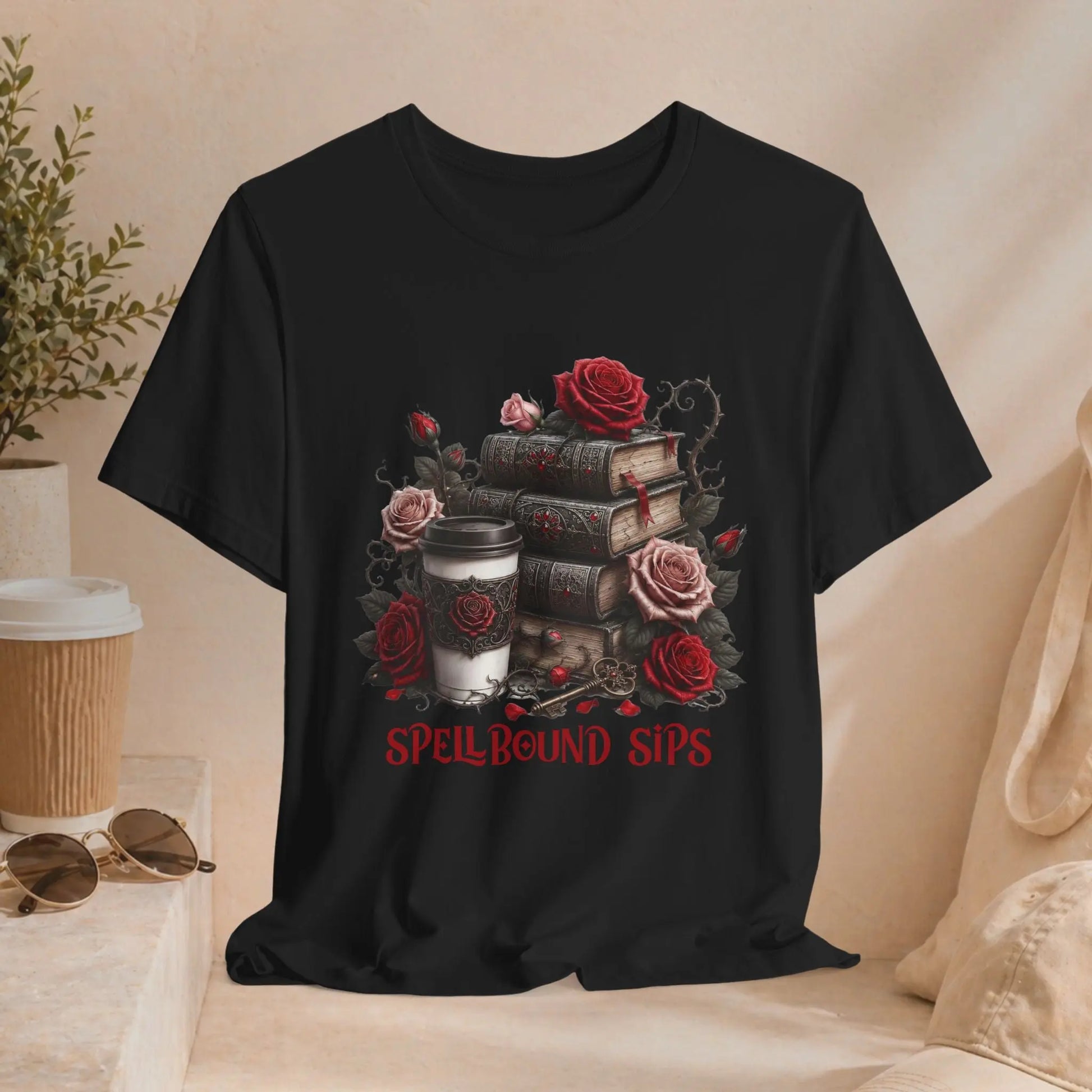 Spellbound Sips Tee - Gothic Book & Coffee Shirt Printify