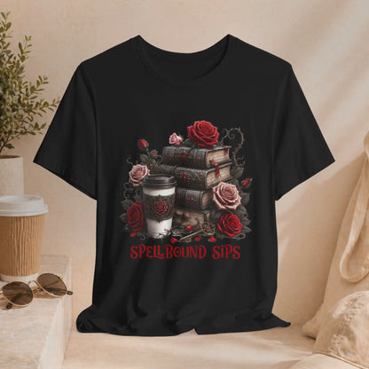 Spellbound Sips Tee - Gothic Book & Coffee Shirt Printify