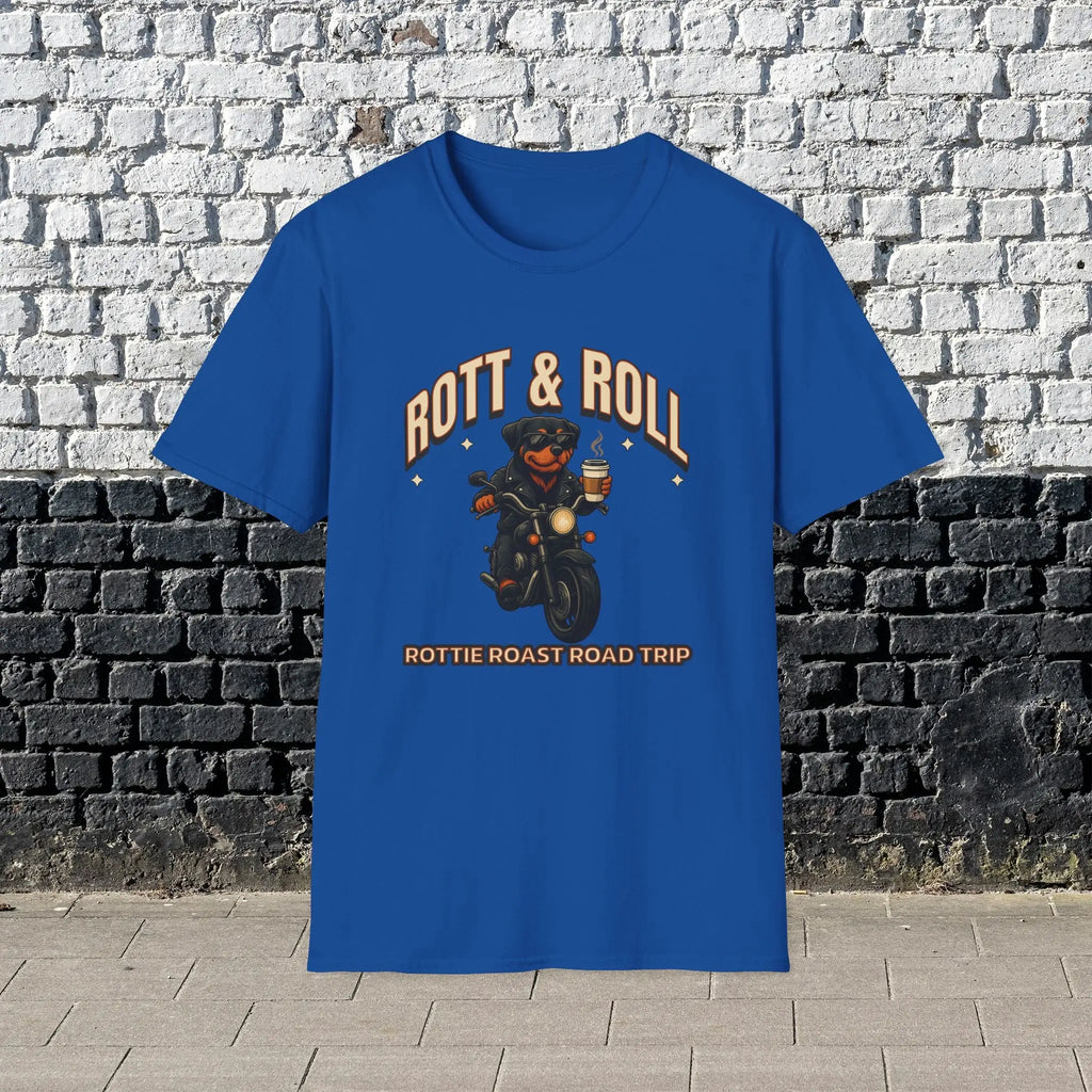 Rott & Roll T-Shirt — 'Rottie Roast Road Trip' Motorcycle Dog Graphic Tee Printify