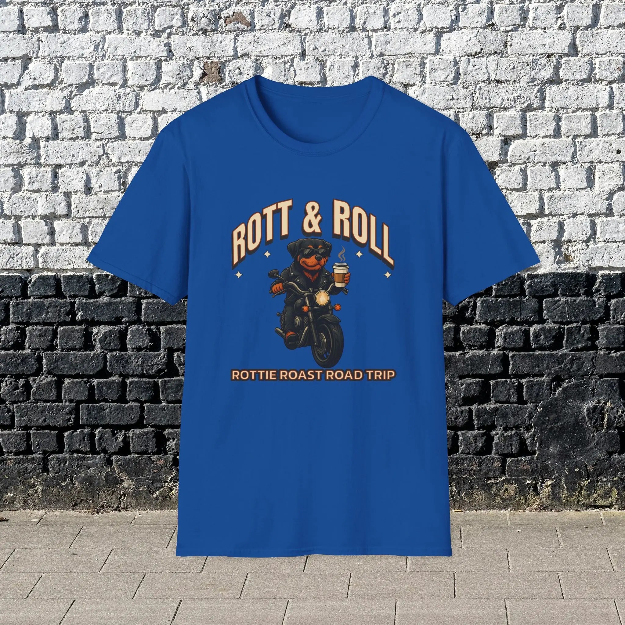 Rott & Roll T-Shirt — 'Rottie Roast Road Trip' Motorcycle Dog Graphic Tee Printify