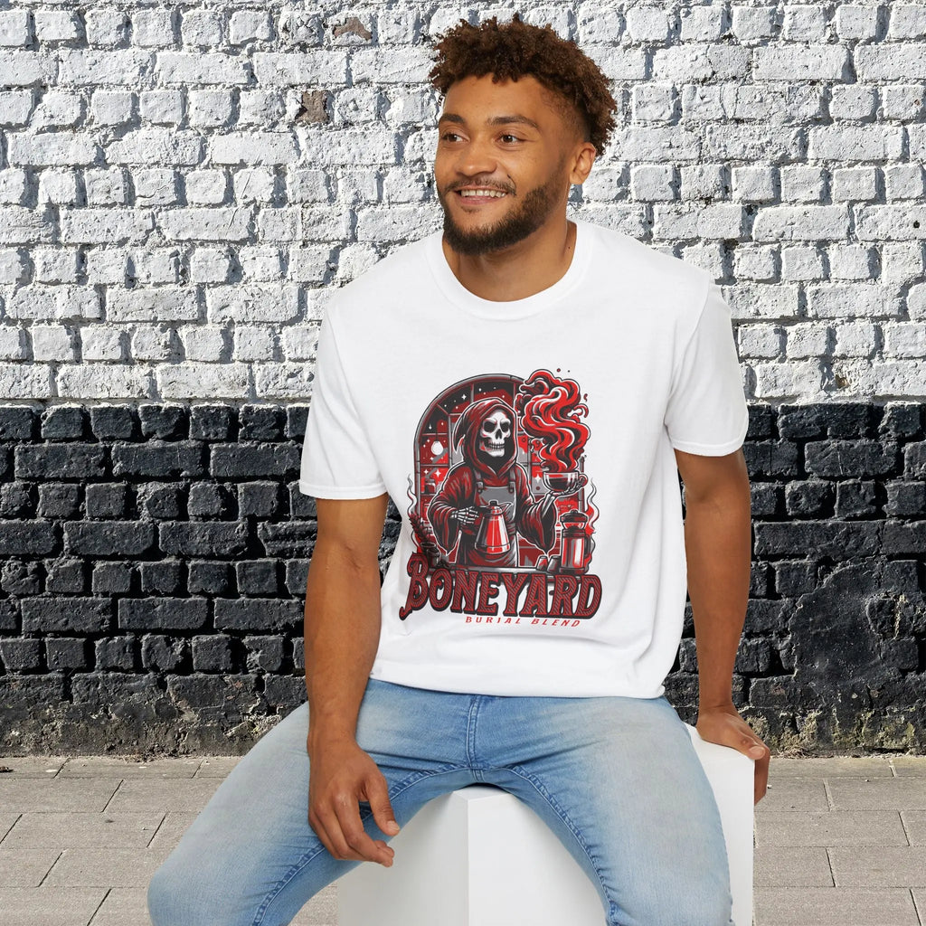 Boneyard Burial Blend T-Shirt — Skeleton Scientist Brewing Coffee Graphic Tee - Boldly Bitter Company