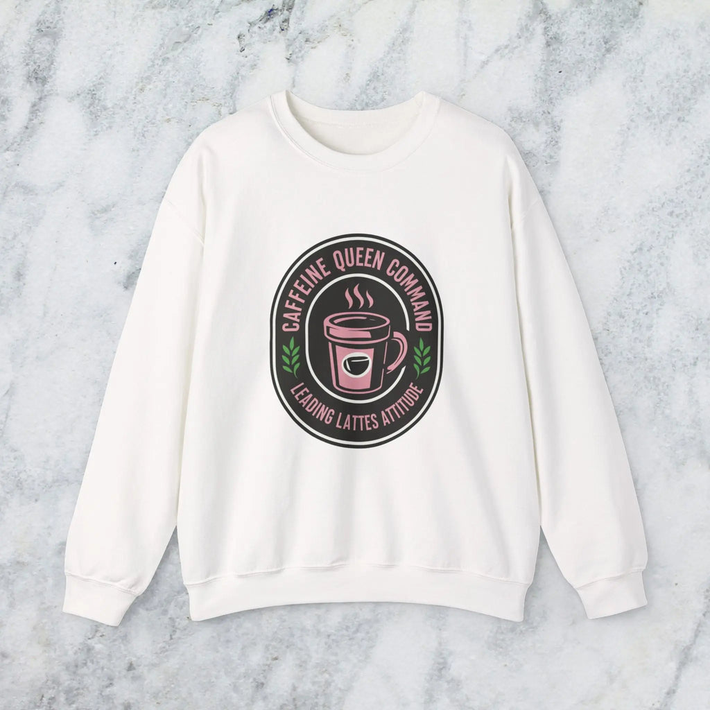 Coffee Crewneck Sweatshirt — "Caffeine Queen Command" Latte Lovers Pullover Printify