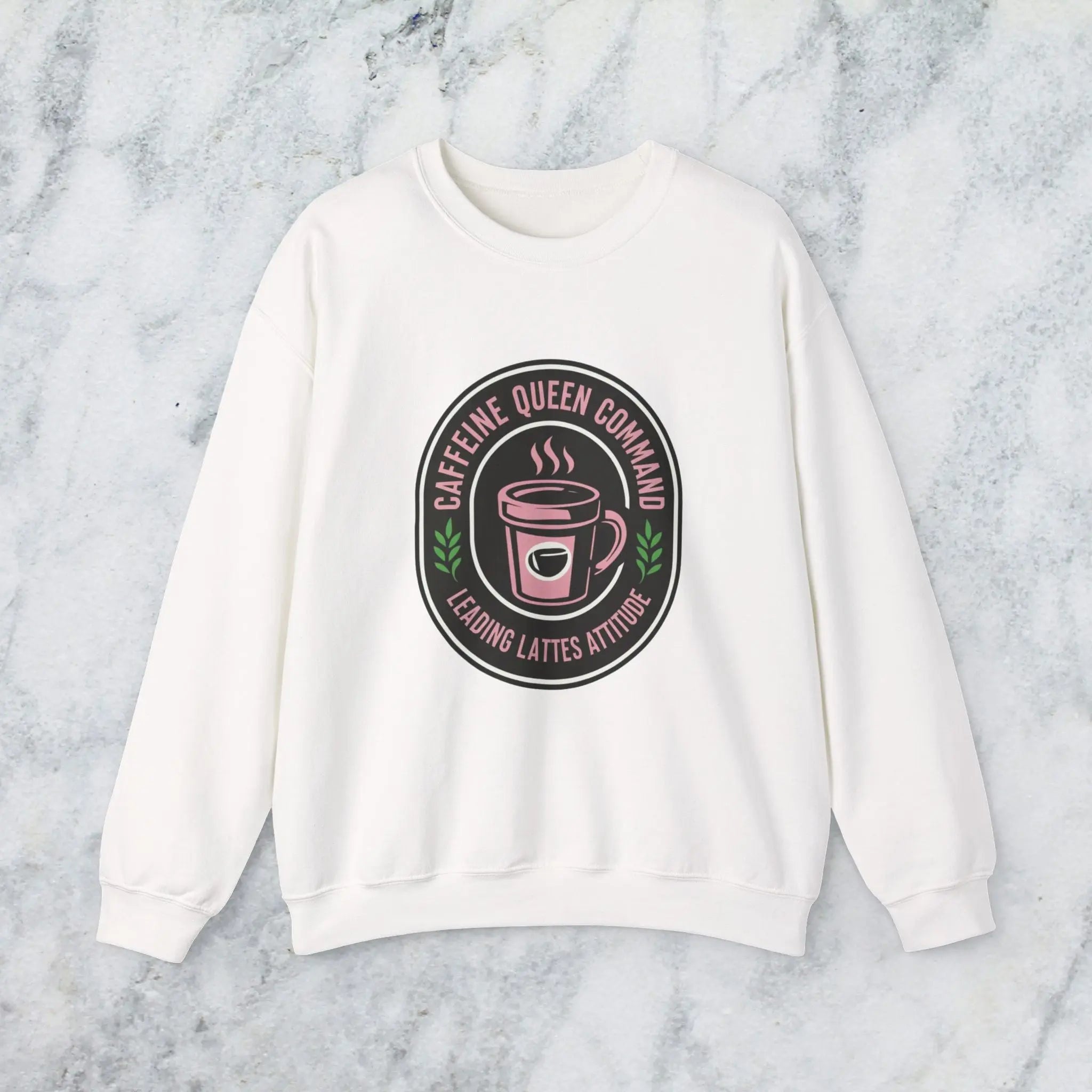 Coffee Crewneck Sweatshirt — "Caffeine Queen Command" Latte Lovers Pullover Printify