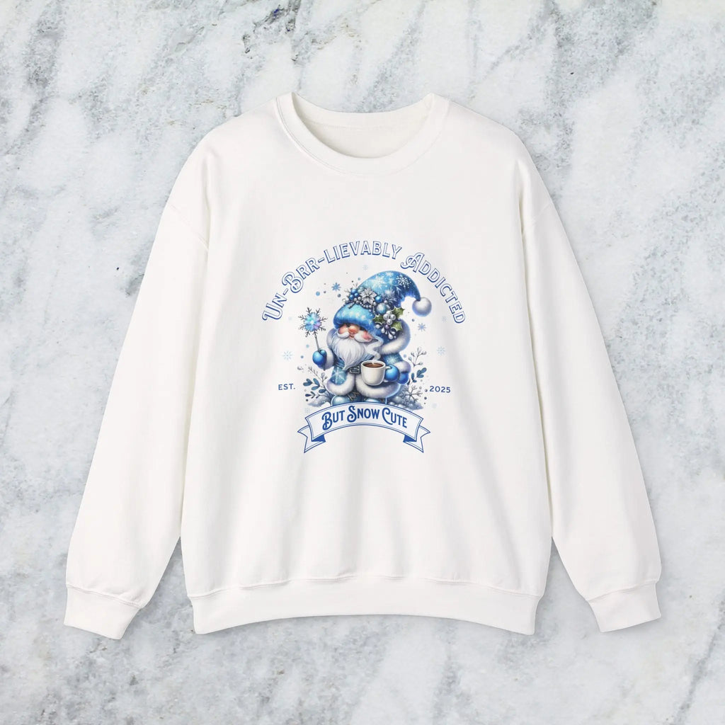 Unbrr-lievalby Addicted Sweatshirt - cute gnome with magic wand holding coffee winter shirt Printify