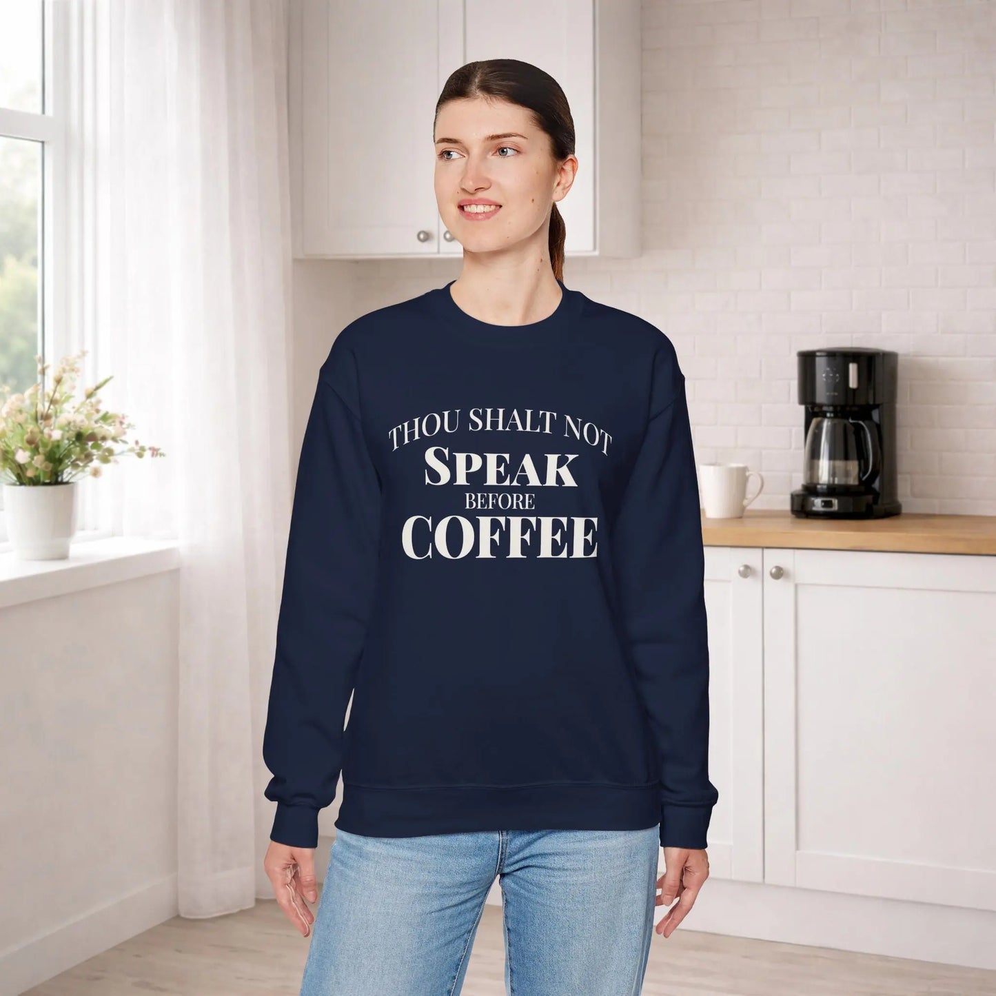 Speak Before Coffee Sweatshirt Printify