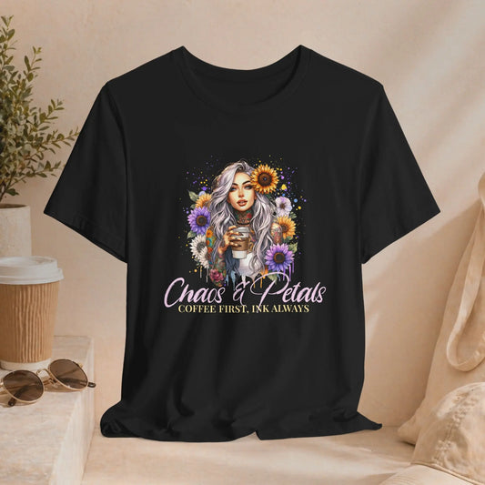 Chaos & Petals Coffee T-Shirt Printify