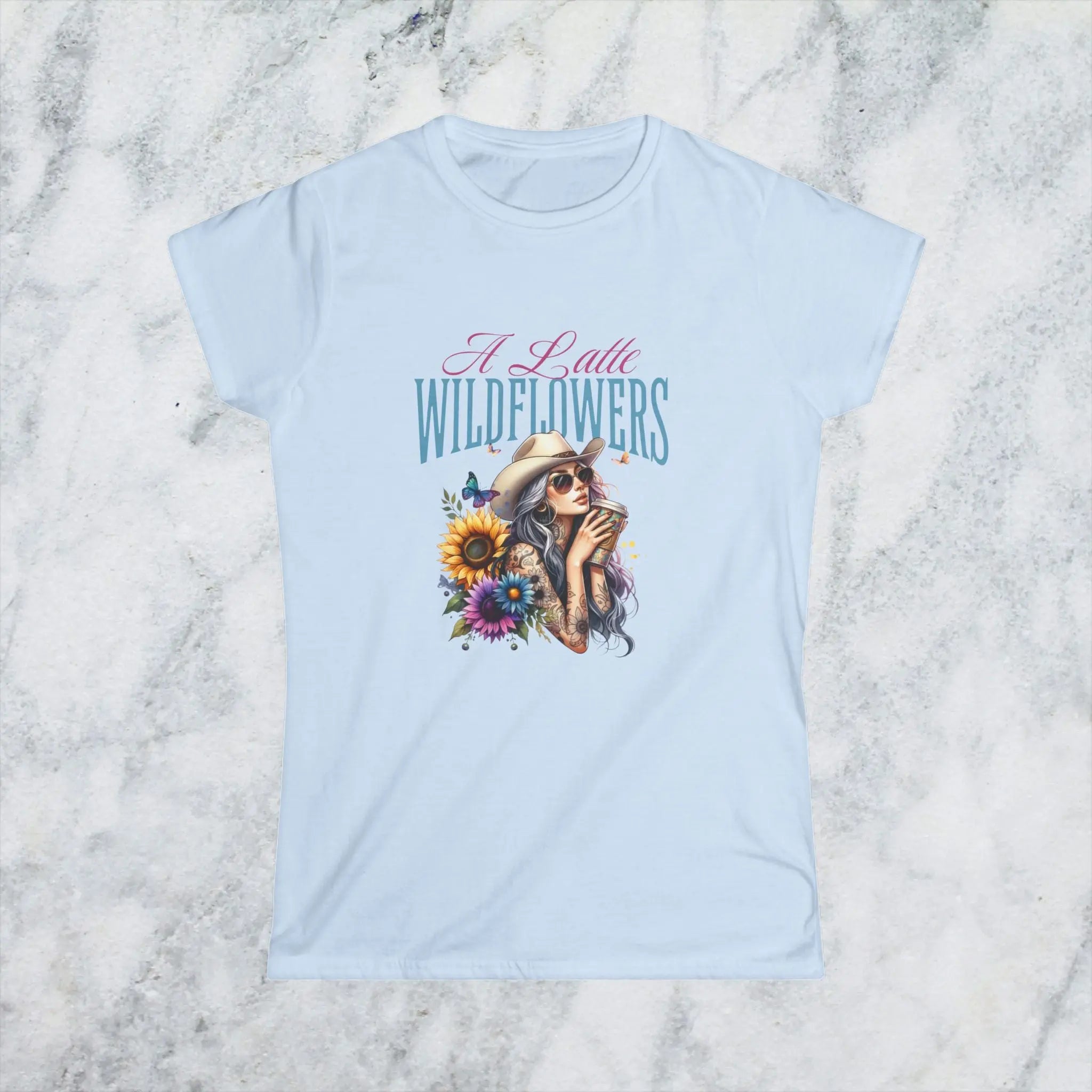 Women's Cowgirl Tee — 'A Latte Wildflowers' Cowboy Hat Coffee Sunflowers Design Printify
