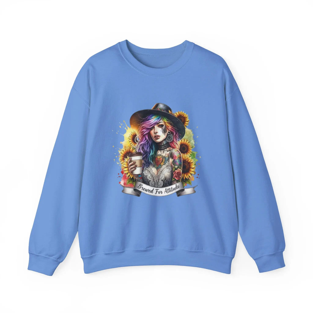 Brewed for Attitude Sunflower Sweatshirt, Cozy Unisex Crewneck, Gifts for Her, Trendy Fall Apparel, Tattoo Art Fashion Printify
