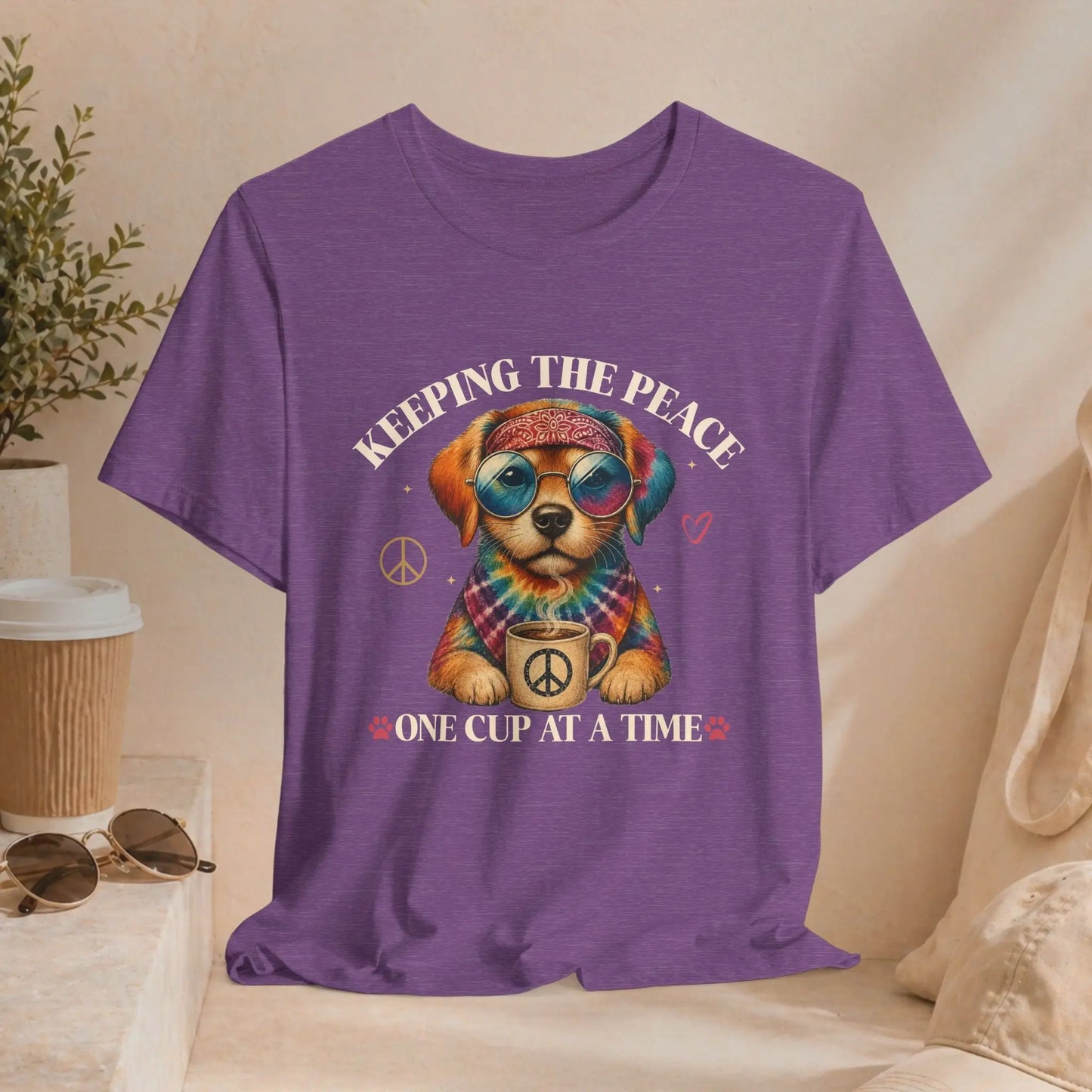 Keeping the Peace Puppy T‑Shirt — "One Cup at a Time" Coffee & Peace Dog Tee Printify