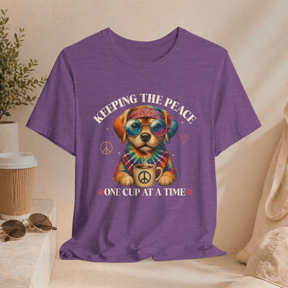 Keeping the Peace Puppy T‑Shirt — "One Cup at a Time" Coffee & Peace Dog Tee Printify