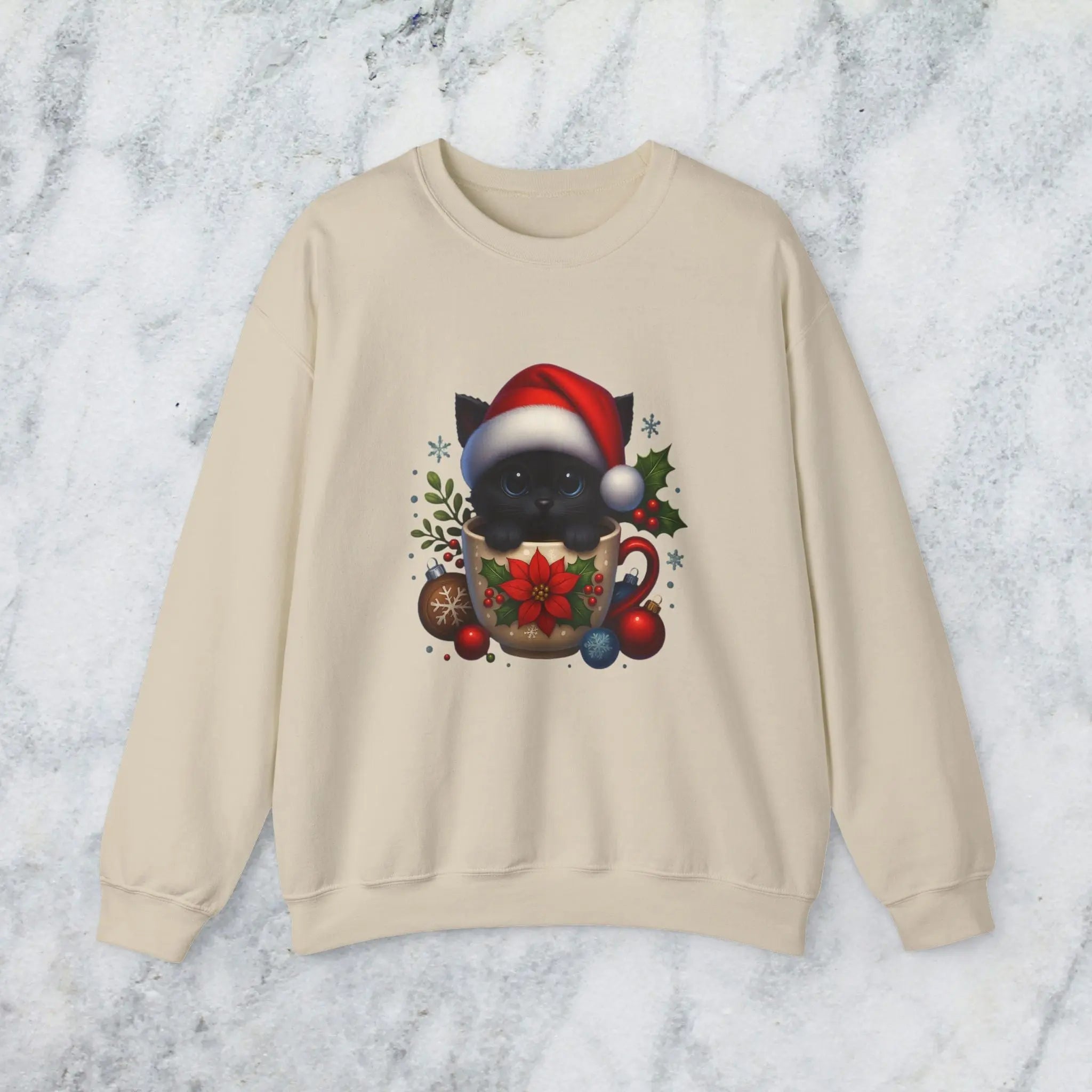 Christmas Kitten Coffee Cup Sweatshirt — Cute Black Cat in Santa Hat Holiday Crewneck Printify