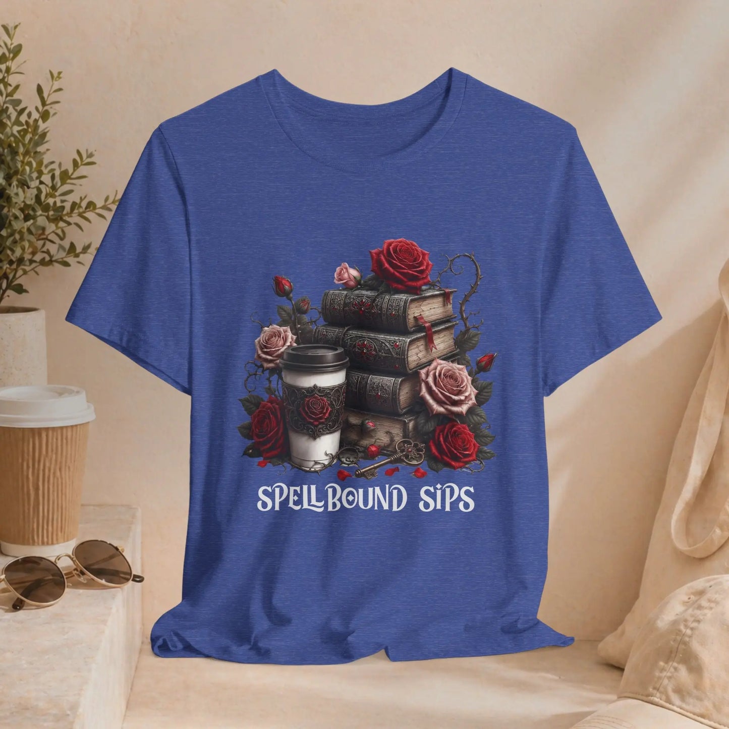 Spellbound Sips Tee - Gothic Book & Coffee Shirt Printify