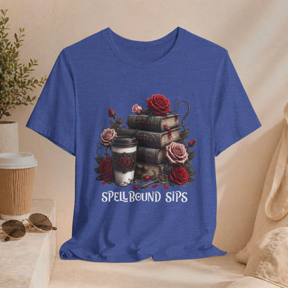 Spellbound Sips Tee - Gothic Book & Coffee Shirt Printify