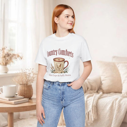 Country Comforts Tee – "Hot Cups & Fluffy Butts" Rustic Farmhouse Coffee Shirt Printify