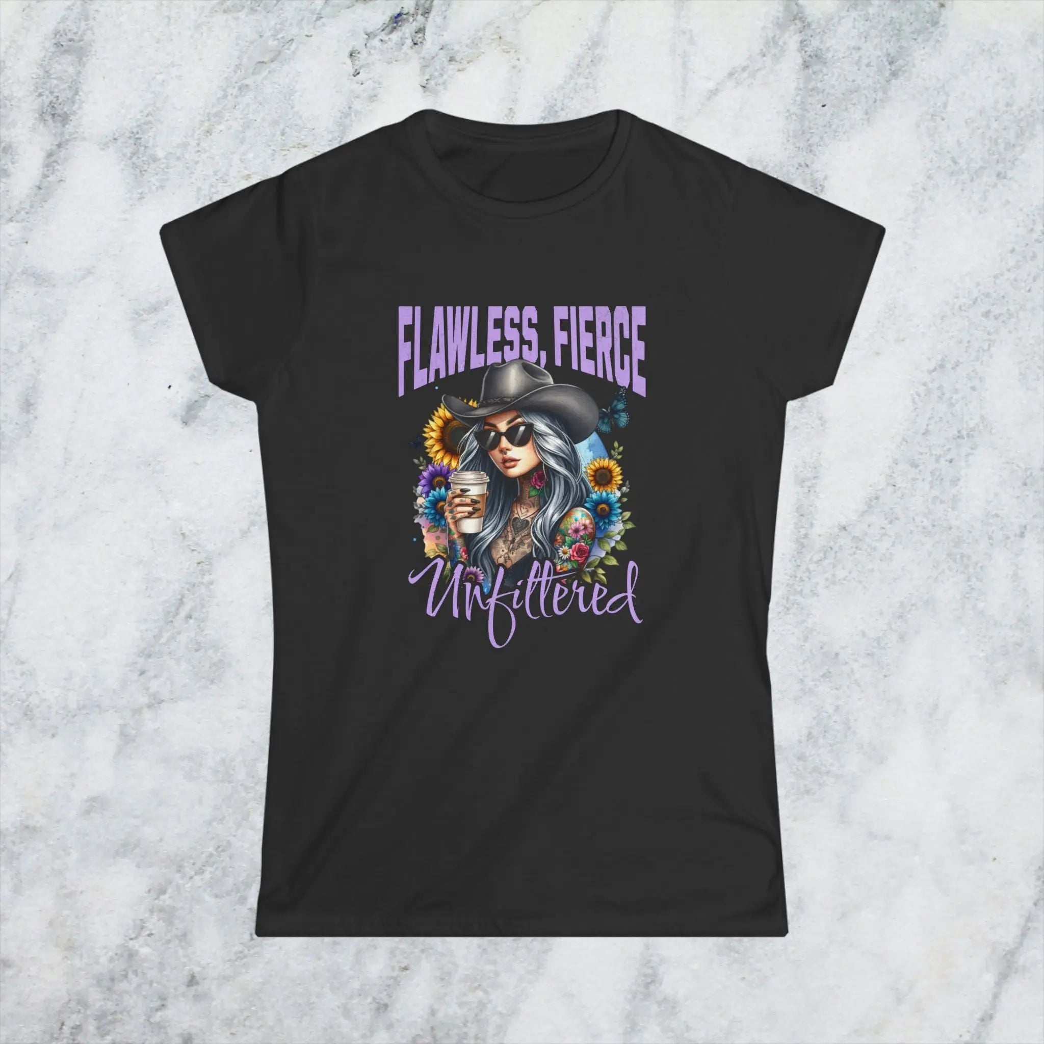 Unfiltered T-shirt - Sassy woman with cowboy hat and coffee surrounded by sunflowers Printify