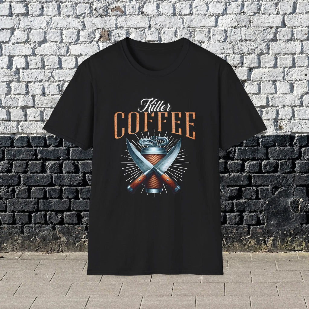 Killer Coffee T-Shirt — Crossed Knives & To-Go Cup Graphic Printify