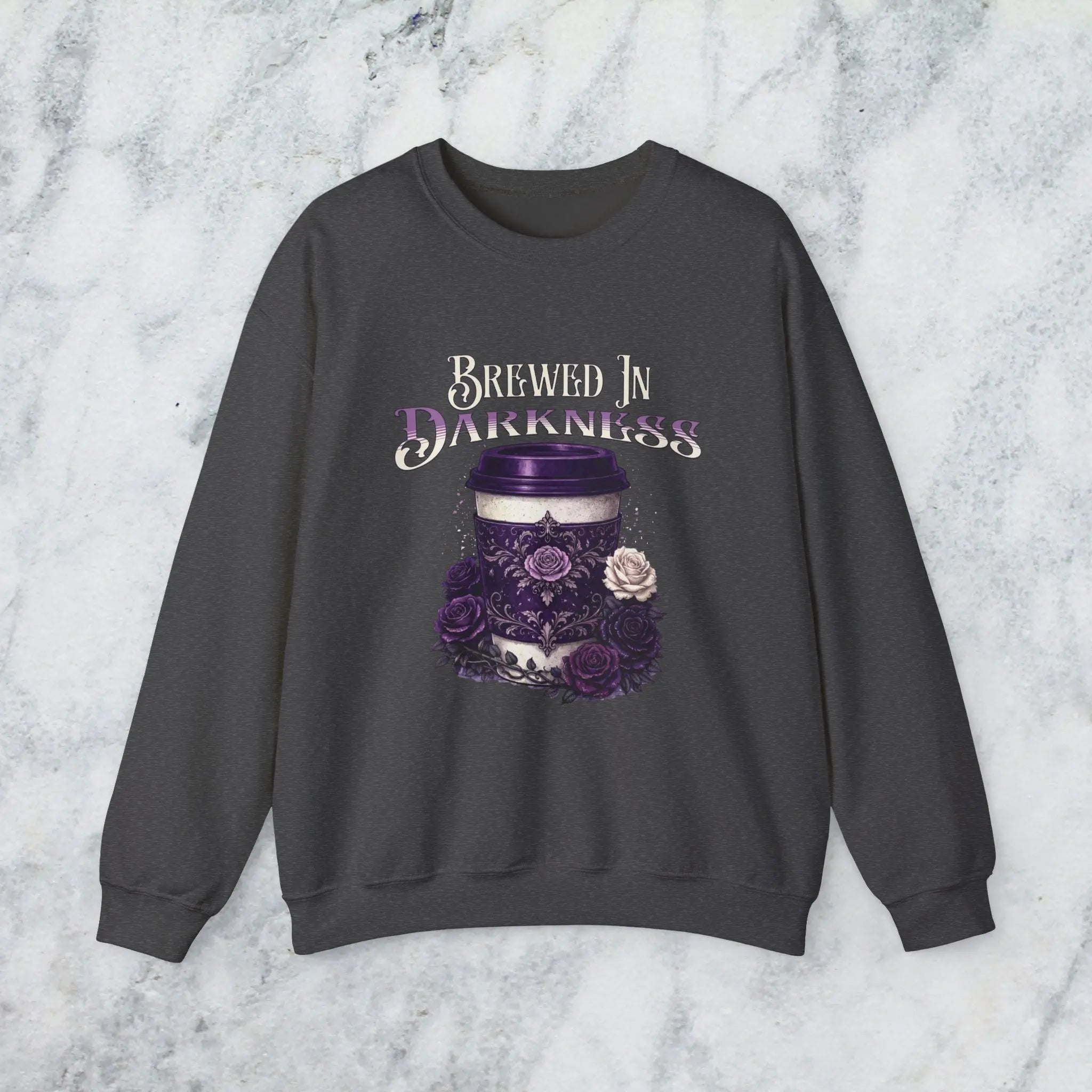 Brewed in Darkness Sweatshirt — Gothic Coffee Cup Graphic Printify