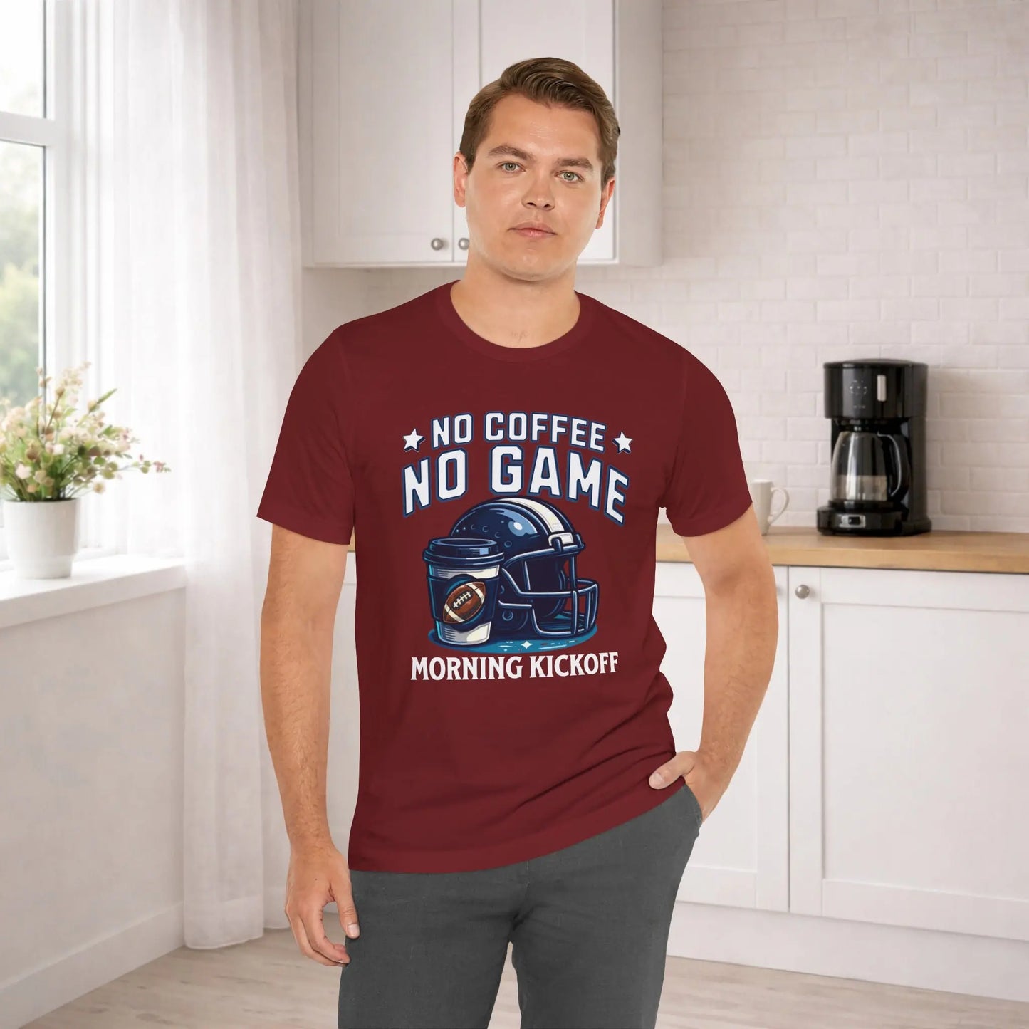 No Coffee No Game Football Tee — "Morning Kickoff" Helmet Graphic Shirt Printify
