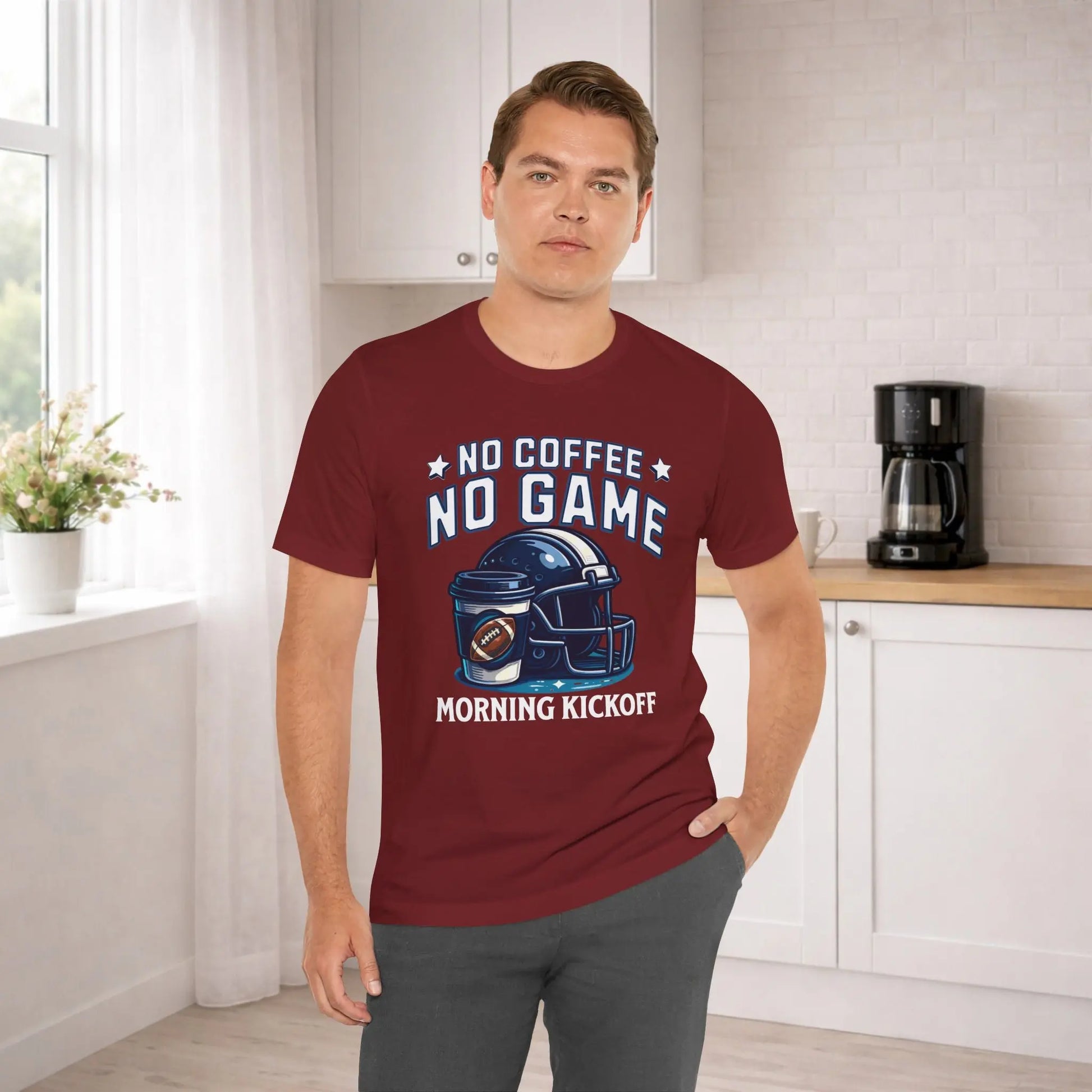 No Coffee No Game Football Tee — "Morning Kickoff" Helmet Graphic Shirt Printify