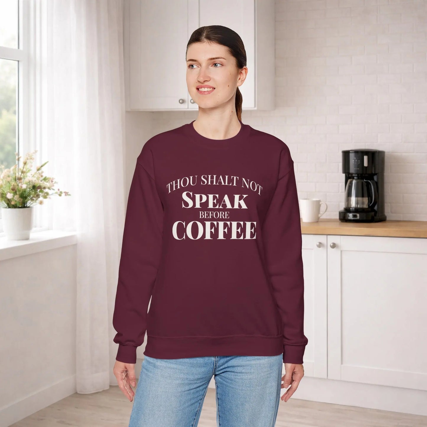 Speak Before Coffee Sweatshirt Printify