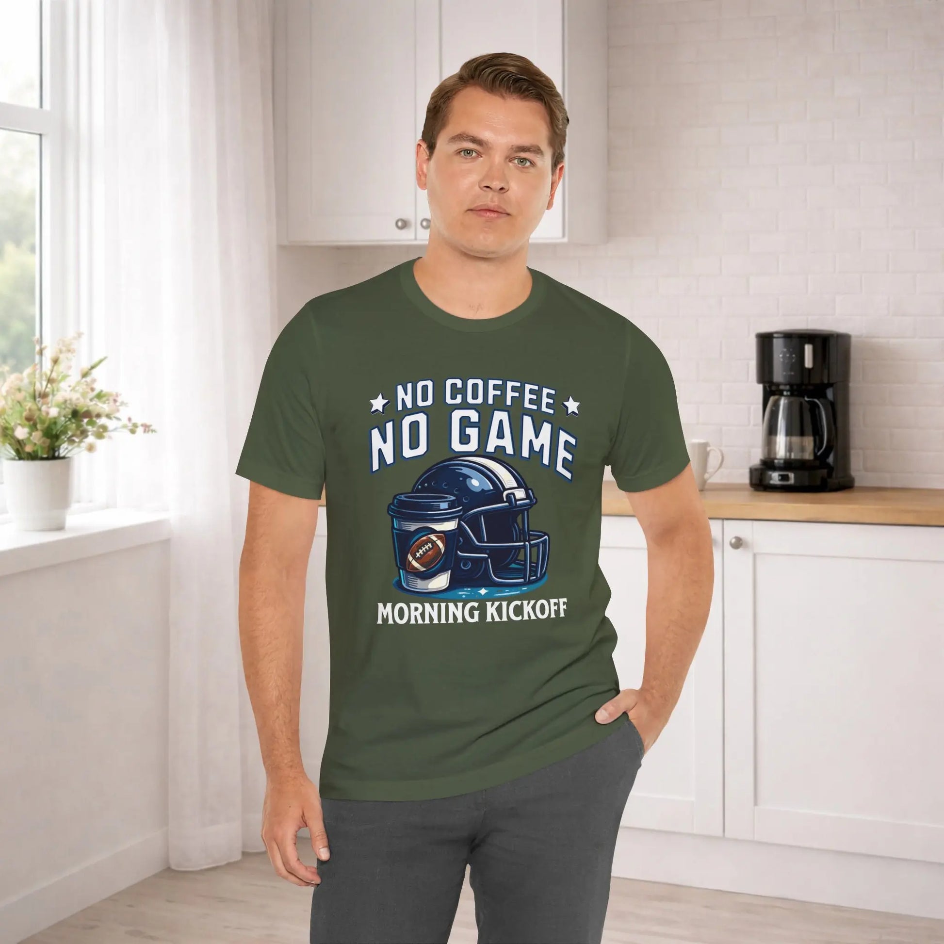 No Coffee No Game Football Tee — "Morning Kickoff" Helmet Graphic Shirt Printify