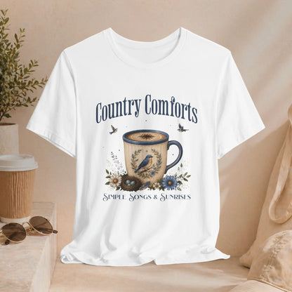Country Comforts Tee — 'Simple Song & Sunrises' Coffee Mug Bird Floral Graphic T‑Shirt Printify