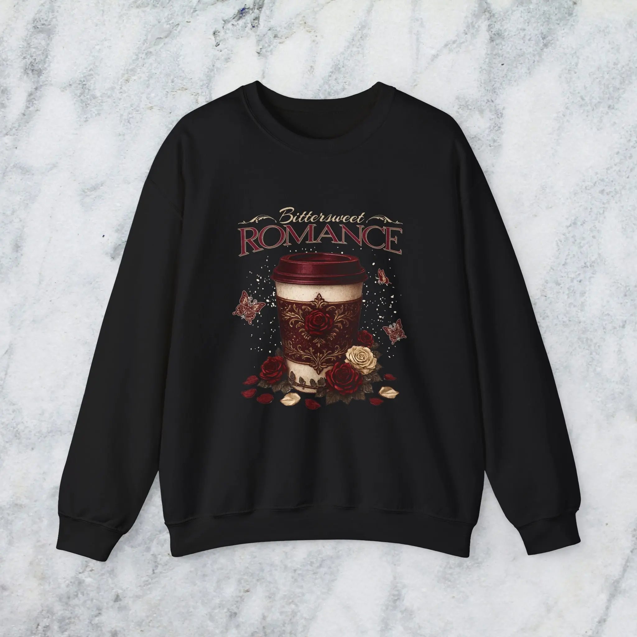 Bitterweet Romance Sweatshirt — Coffee & Roses Cozy Crewneck Printify