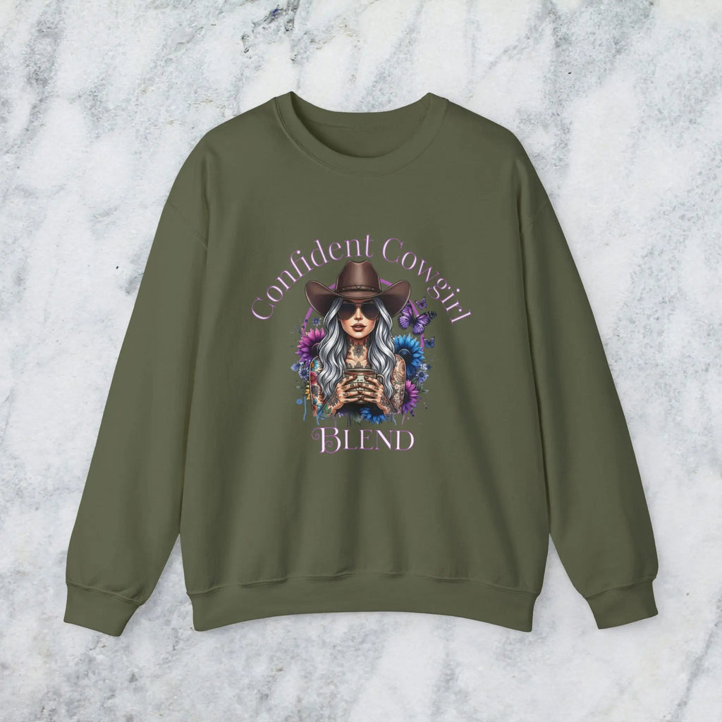 Confident Cowgirl Sweatshirt — Floral Western Coffee Blend Graphic Shirt Printify