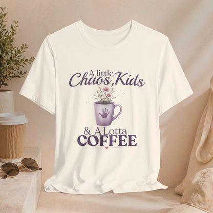 Chaos,Kids & Coffee T‑Shirt — “A Little Chaos, Kids & A Lotta Coffee” Mom Tee Printify
