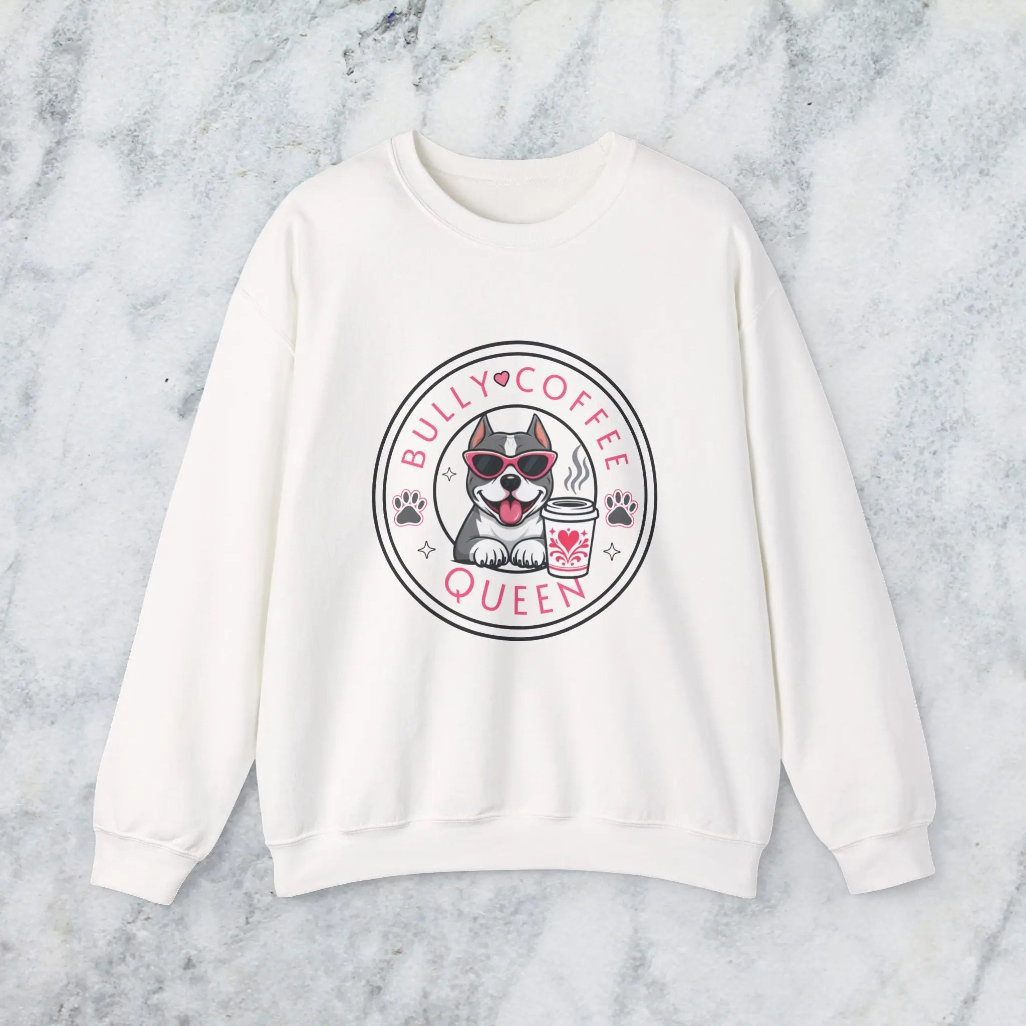 Bully Coffee Queen Sweatshirt — Pitbull with Pink Sunglasses & Coffee Graphic Printify