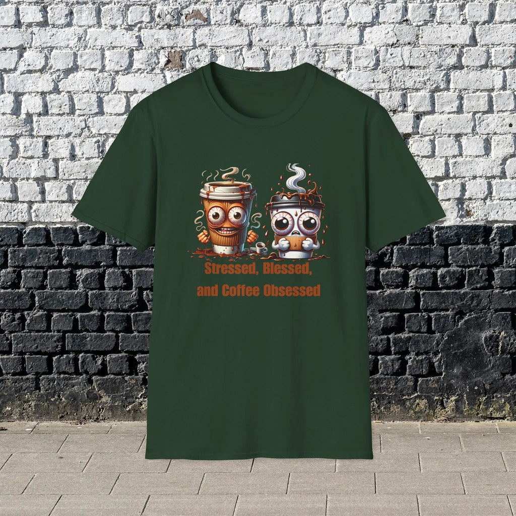 Stressed Blessed and Coffee Obsessed Shirt – Funny Coffee Lover T-Shirt, Caffeine Addict Tee, Cute Coffee Gift for Him Printify